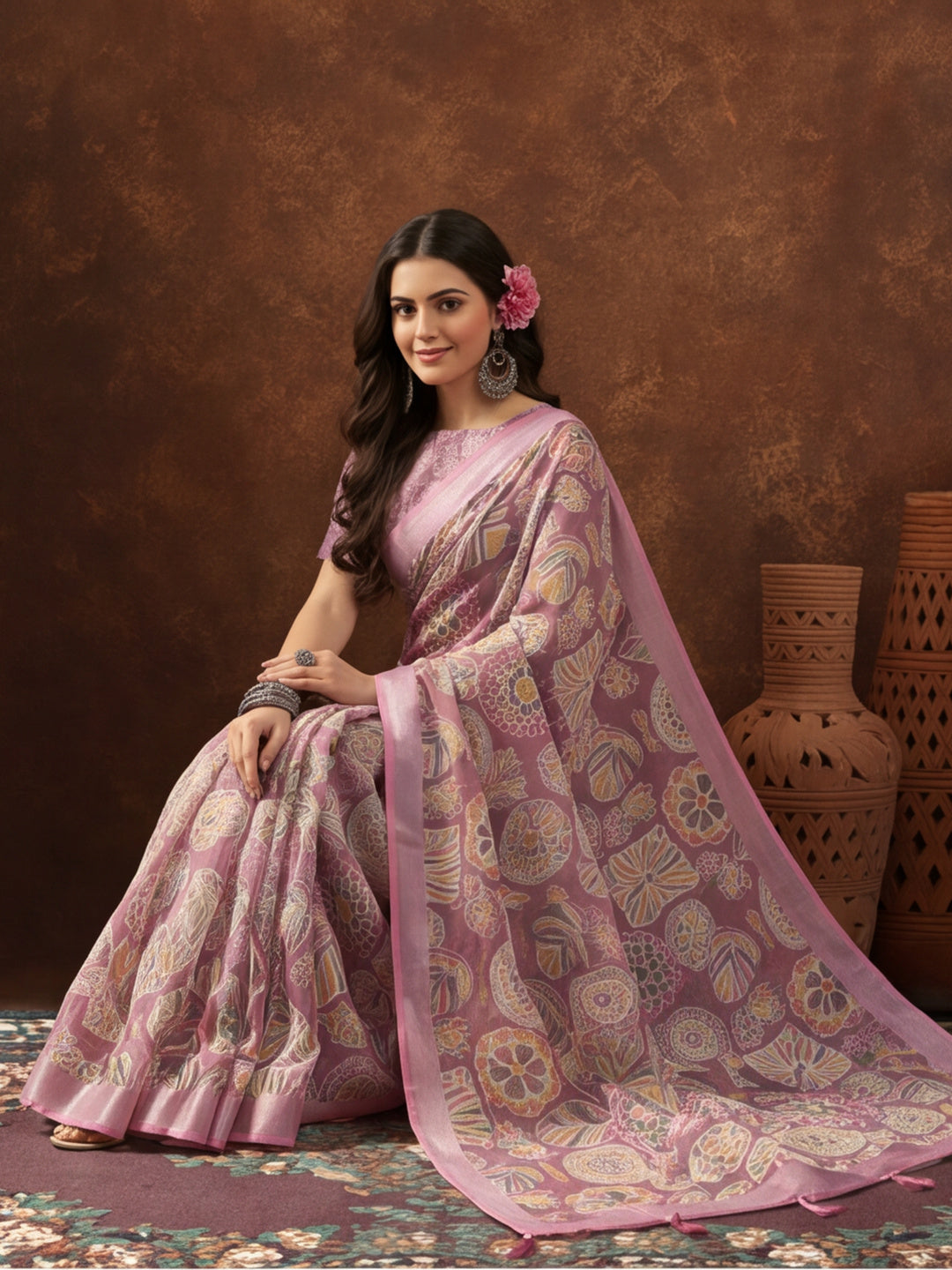 Mauve Linen Cotton Digital Printed Ethnic Motif Saree