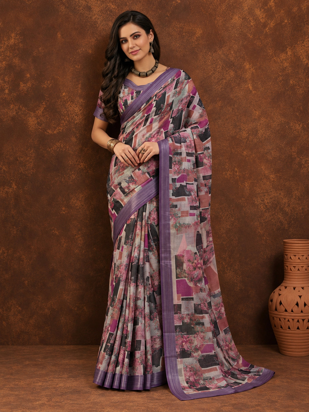 Purple Linen Cotton Digital Printed Abstract Saree
