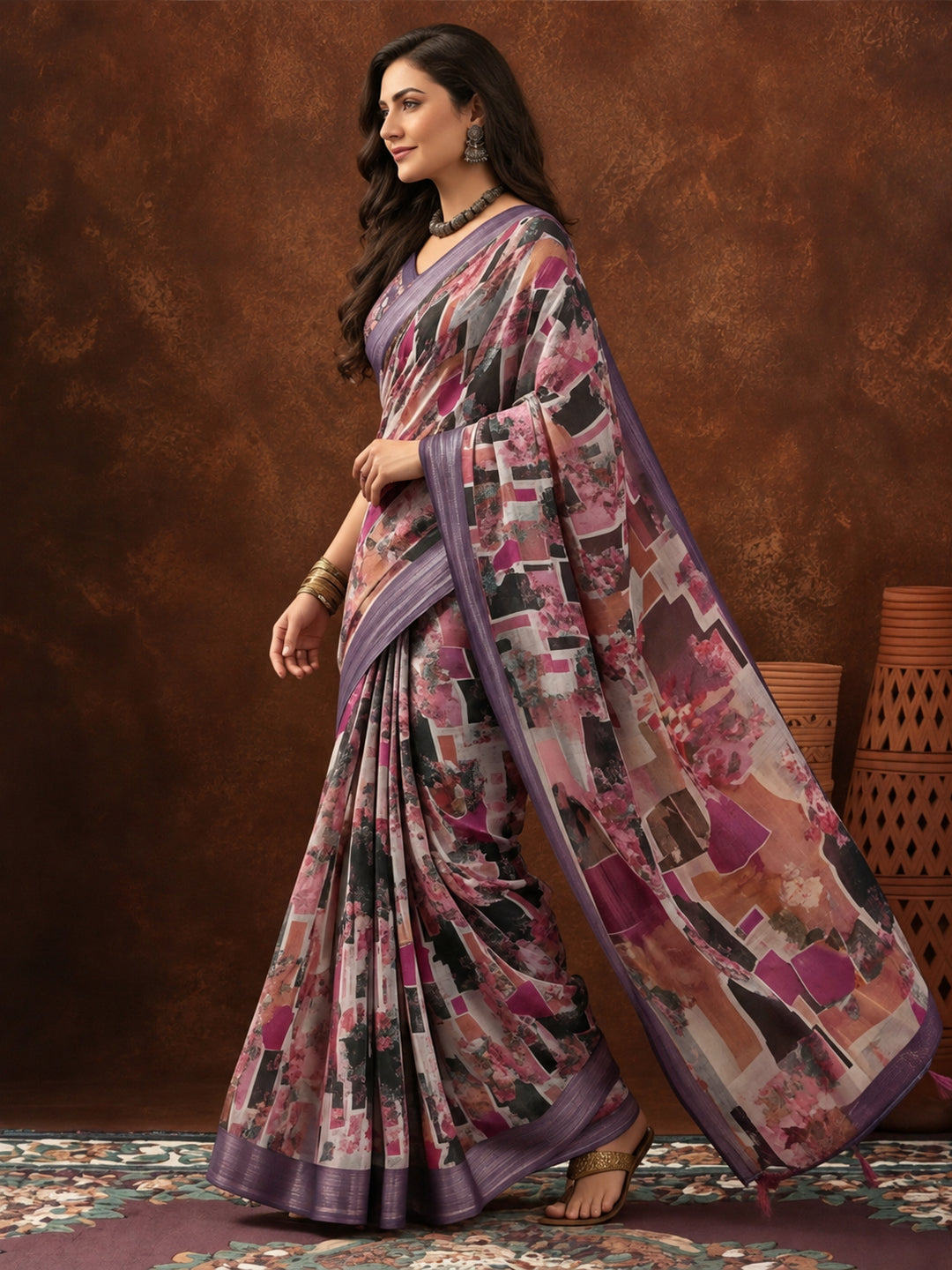 Purple Linen Cotton Digital Printed Abstract Saree