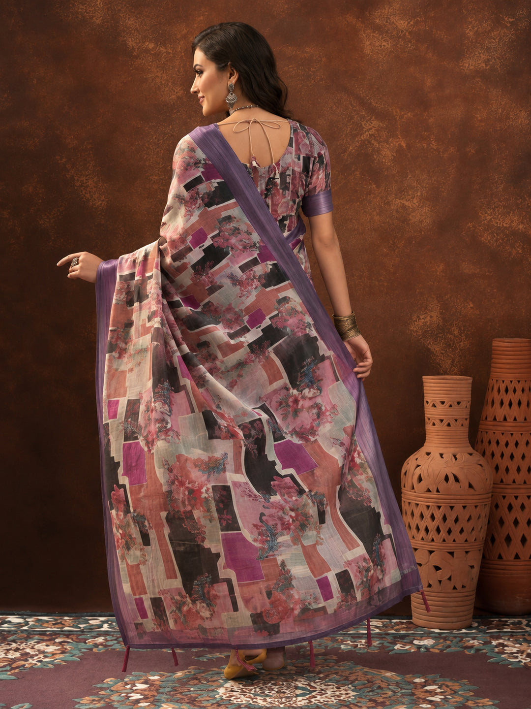 Purple Linen Cotton Digital Printed Abstract Saree