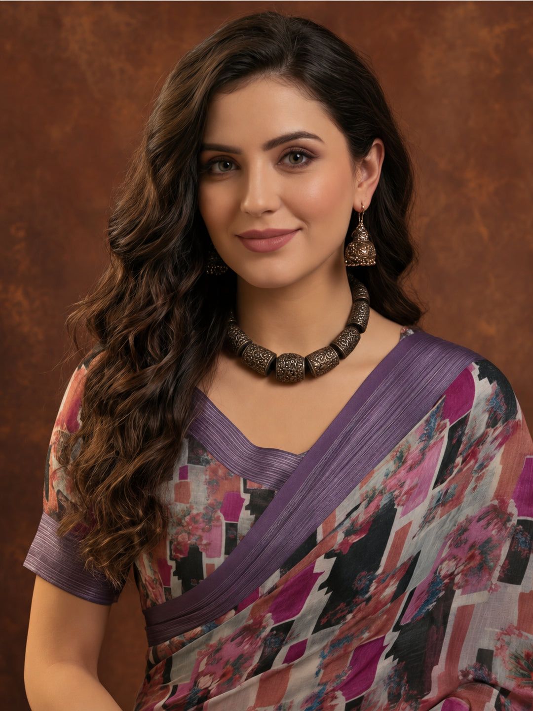 Purple Linen Cotton Digital Printed Abstract Saree
