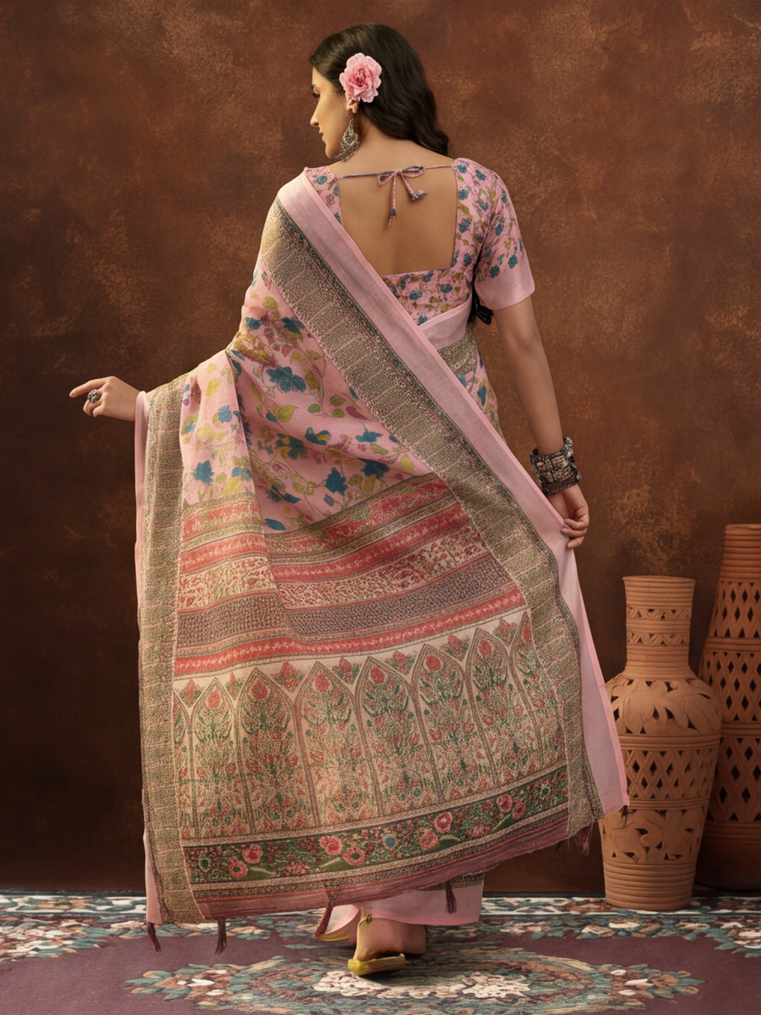 Pink Linen Cotton Digital Printed Floral Saree