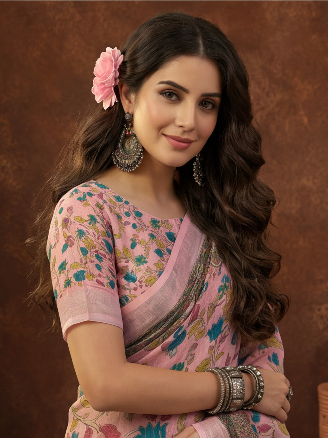 Pink Linen Cotton Digital Printed Floral Saree