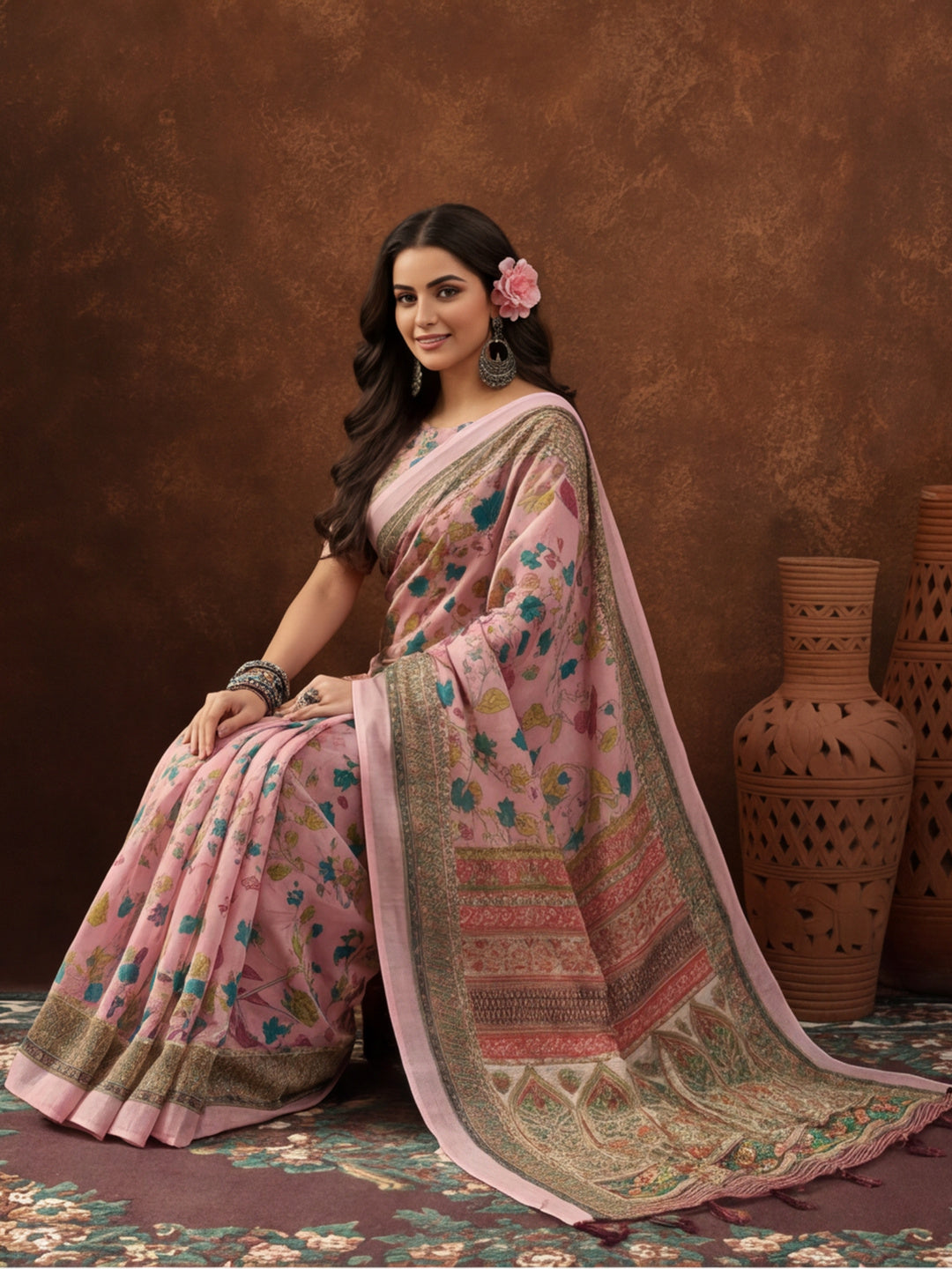 Pink Linen Cotton Digital Printed Floral Saree