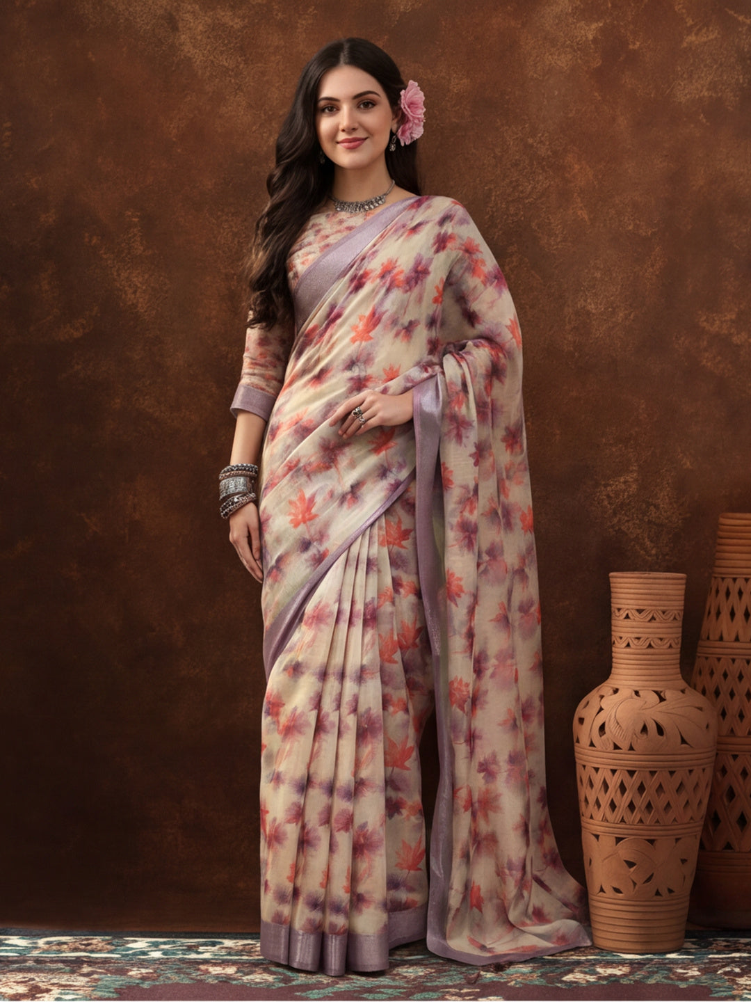 Grey Linen Cotton Digital Printed Floral Saree