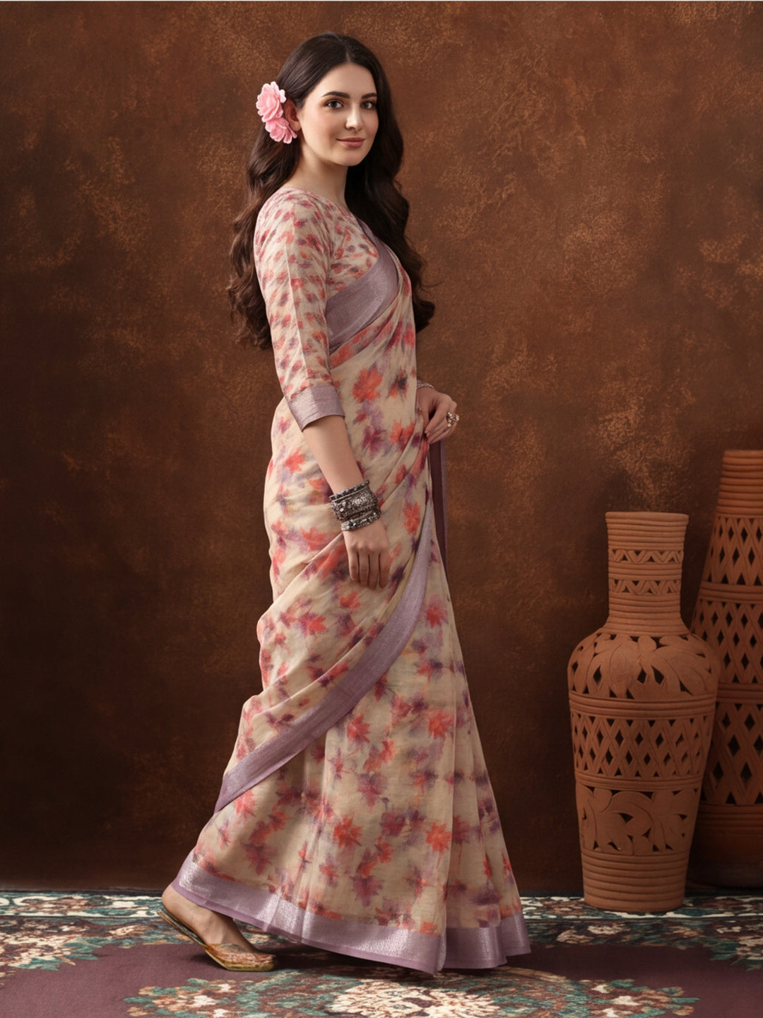 Grey Linen Cotton Digital Printed Floral Saree