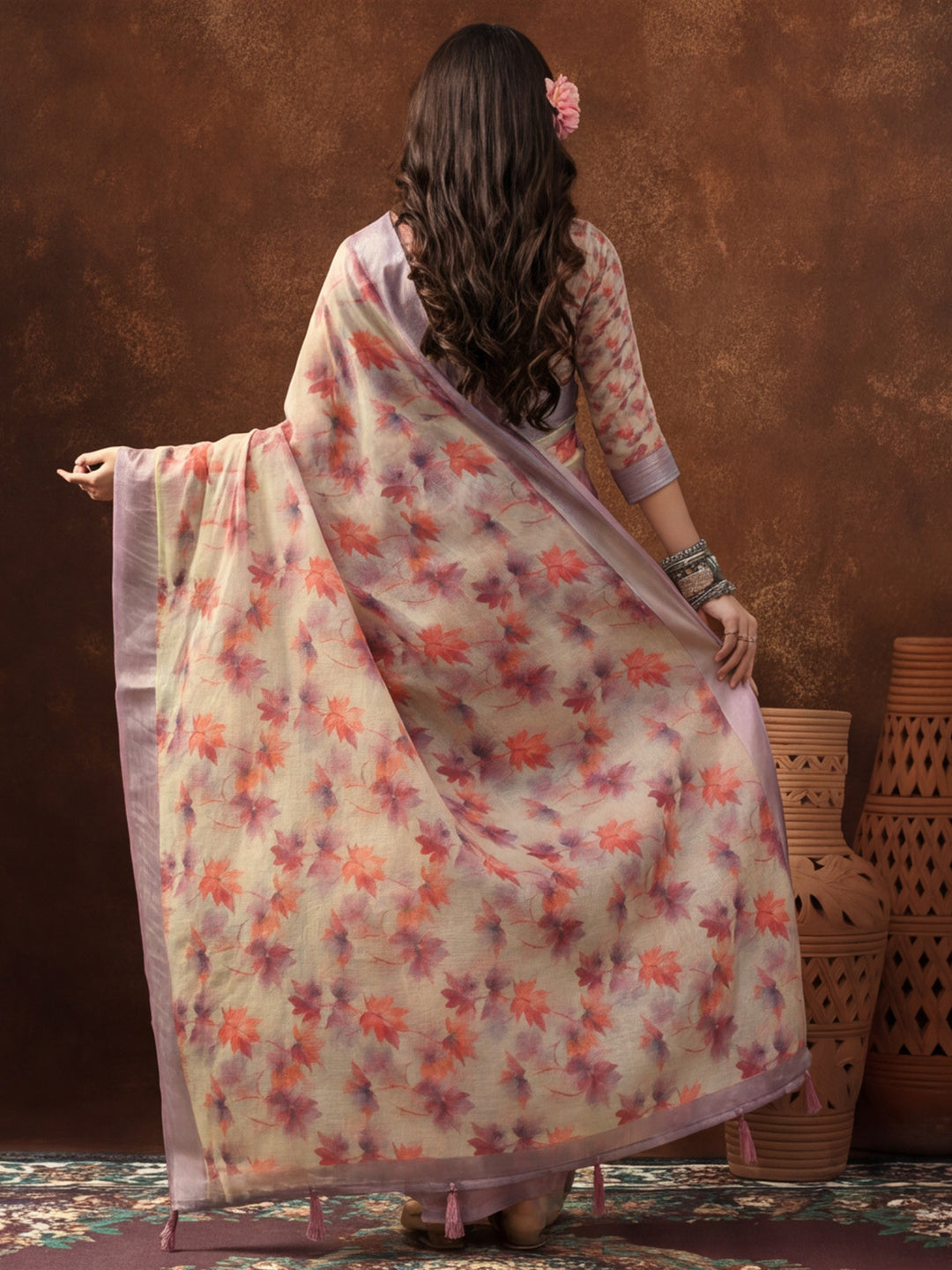 Grey Linen Cotton Digital Printed Floral Saree