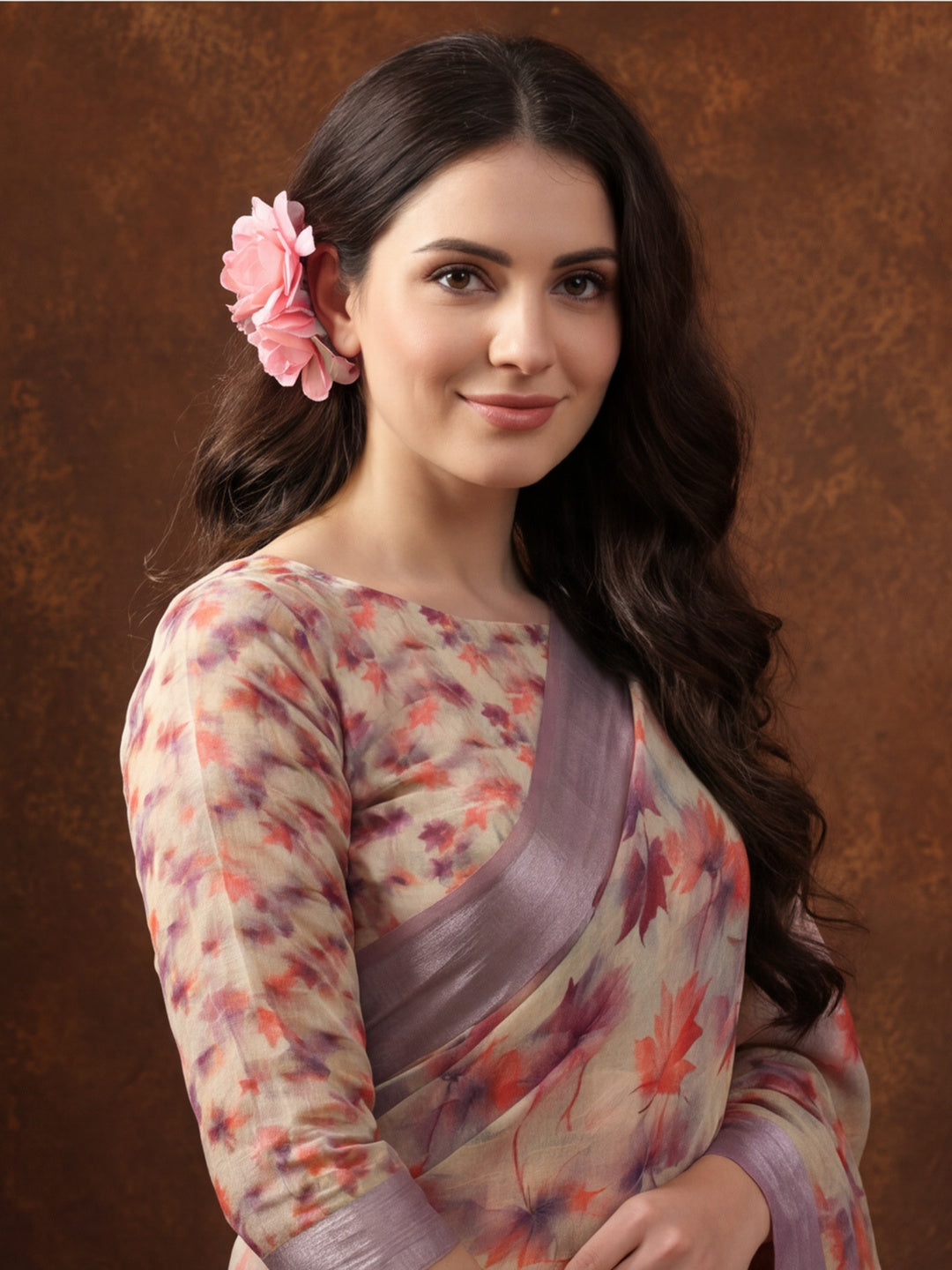 Grey Linen Cotton Digital Printed Floral Saree