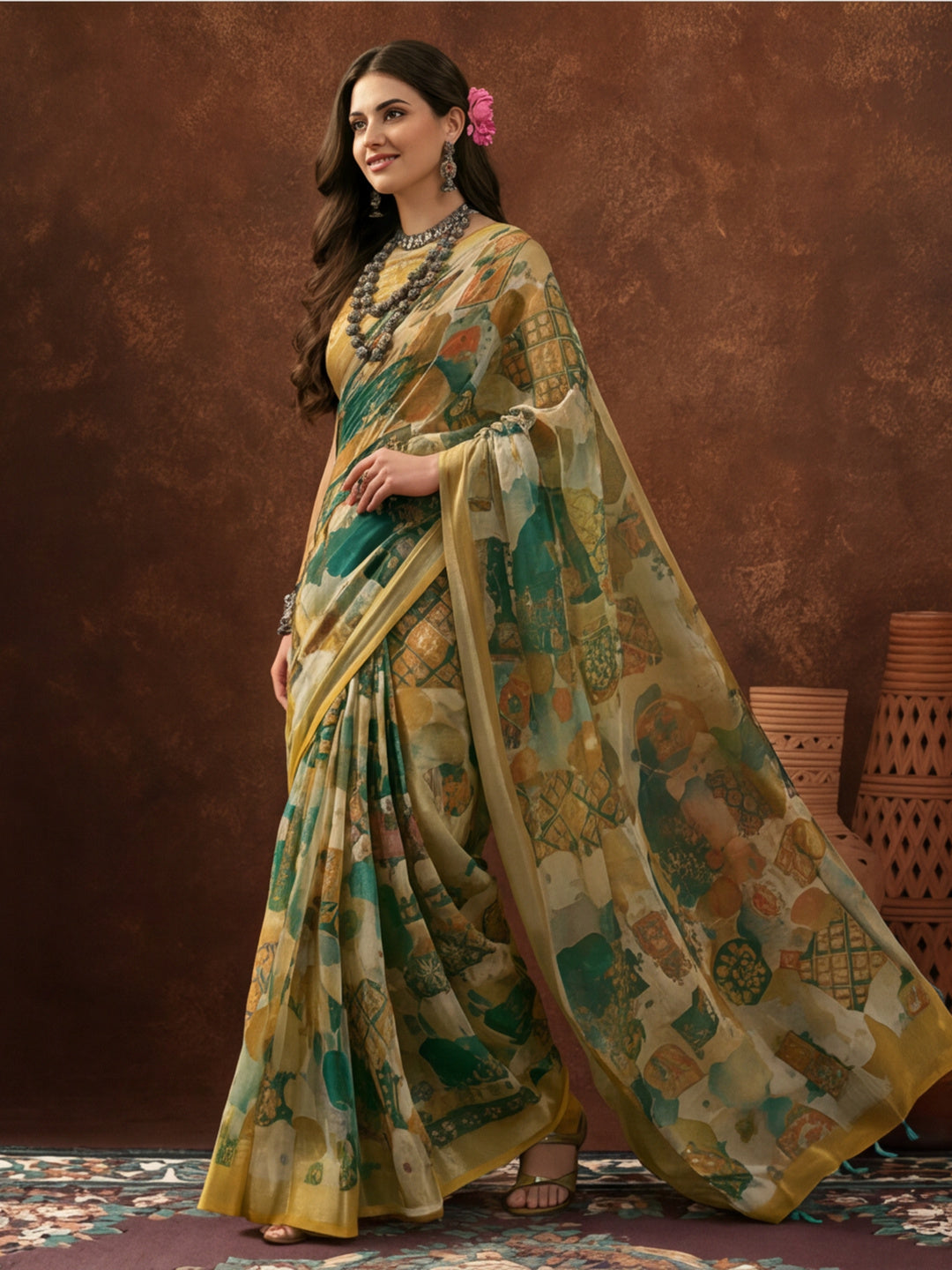 Green Linen Cotton Digital Printed Abstract Saree