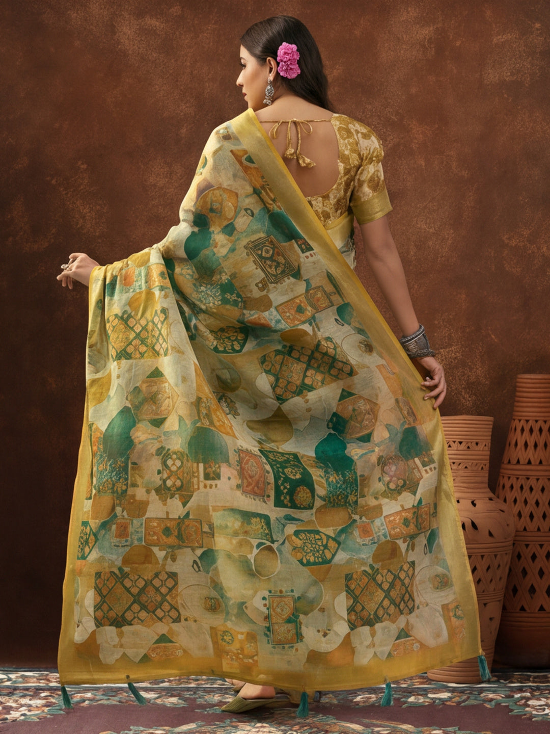 Green Linen Cotton Digital Printed Abstract Saree