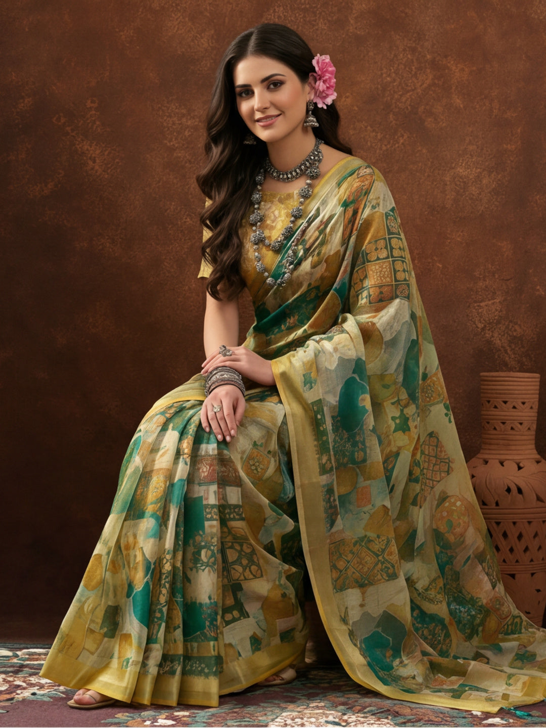 Green Linen Cotton Digital Printed Abstract Saree