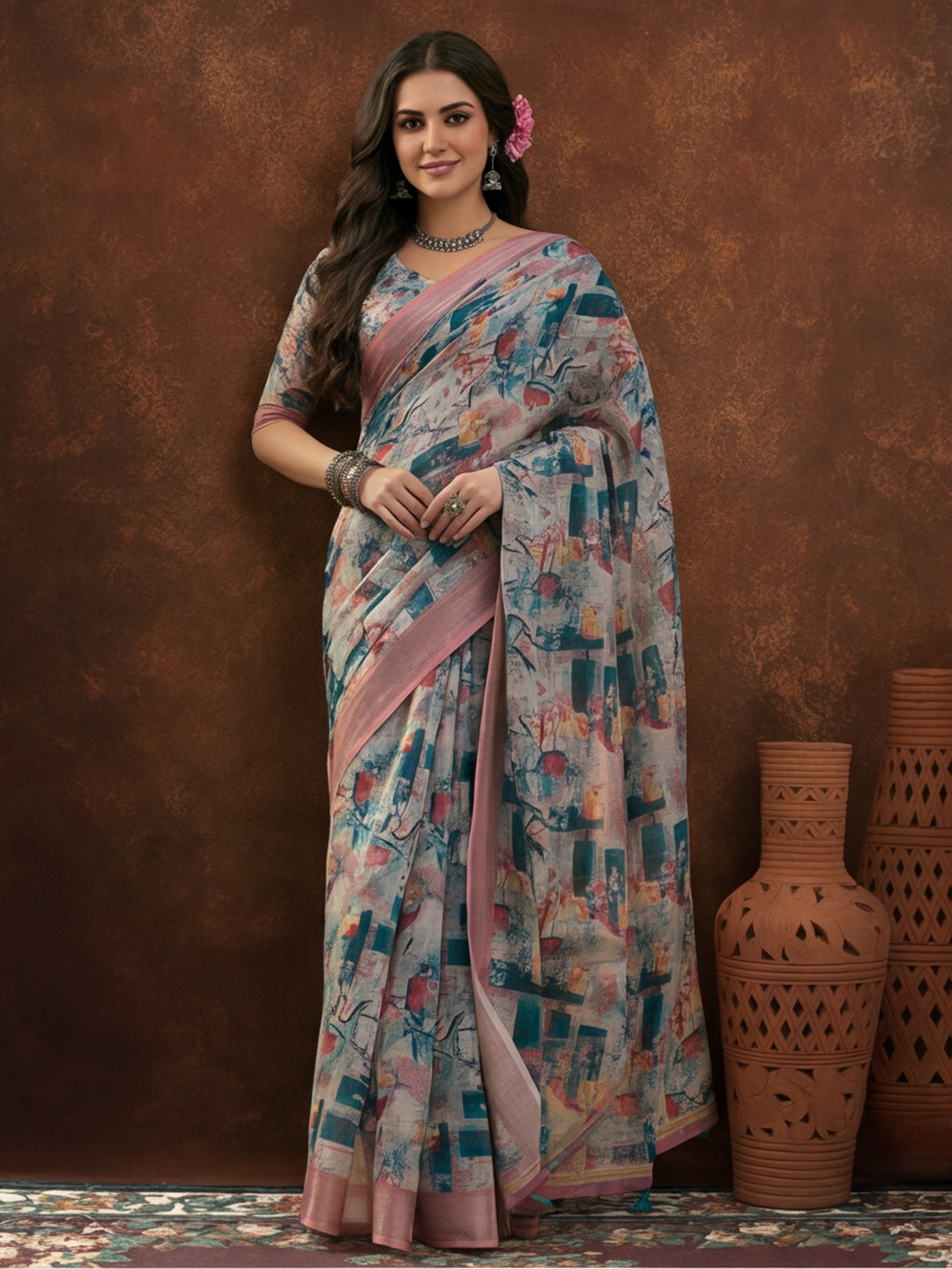 Multicolour Linen Cotton Digital Printed Abstract Saree
