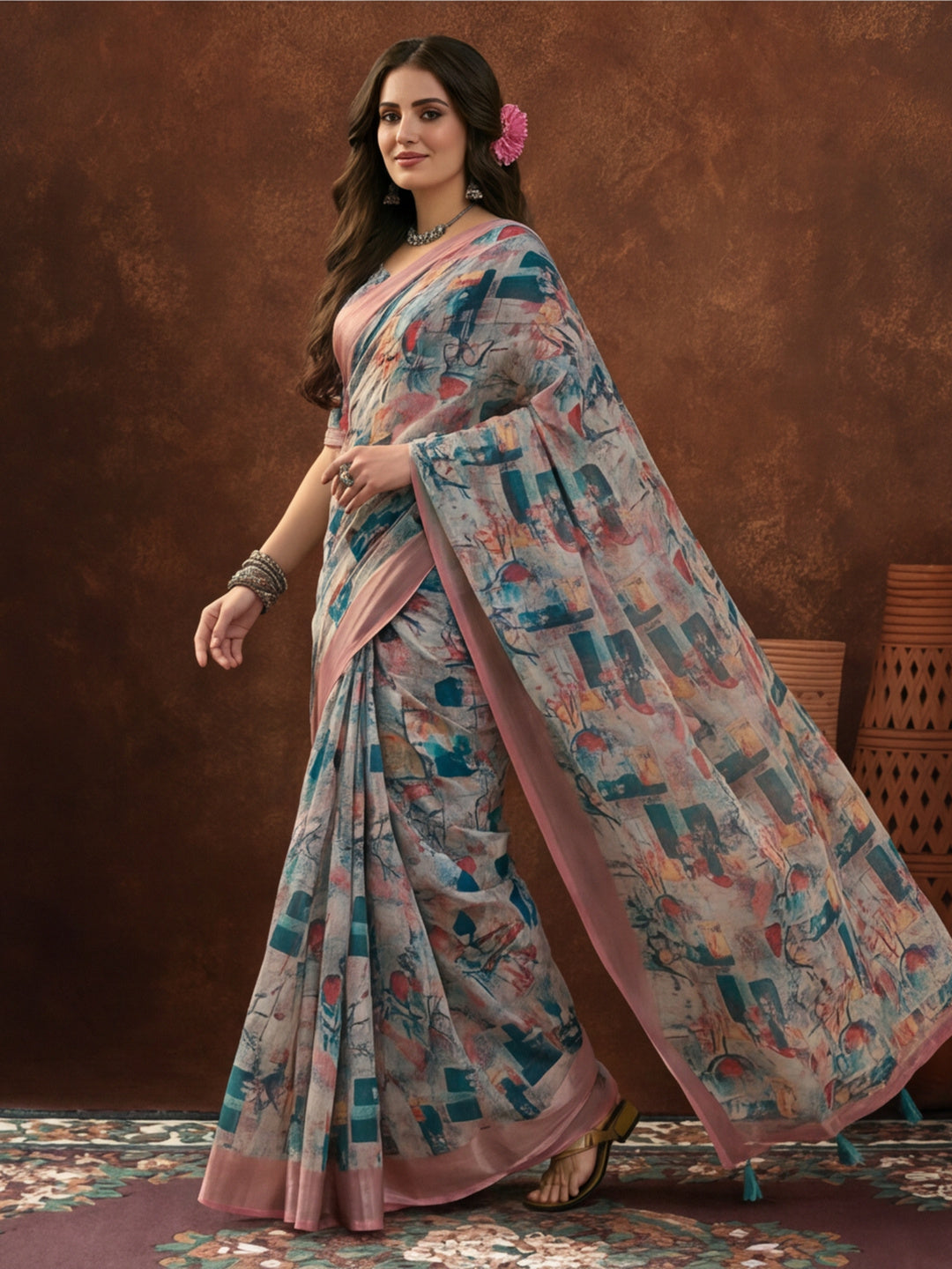 Multicolour Linen Cotton Digital Printed Abstract Saree