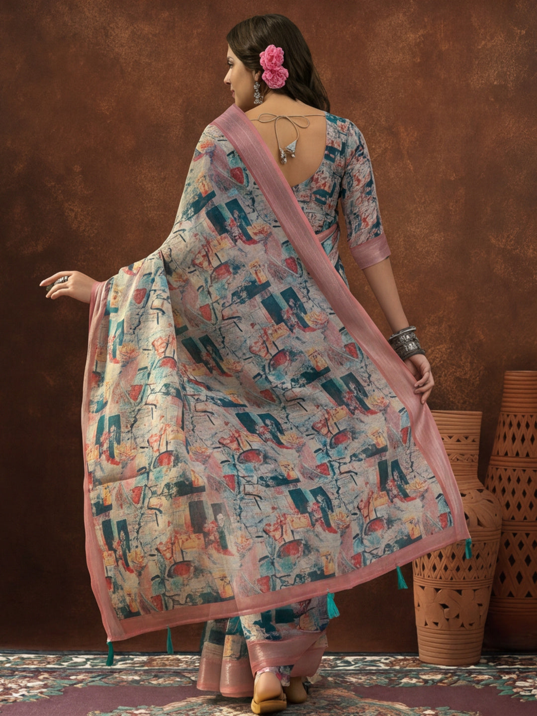 Multicolour Linen Cotton Digital Printed Abstract Saree