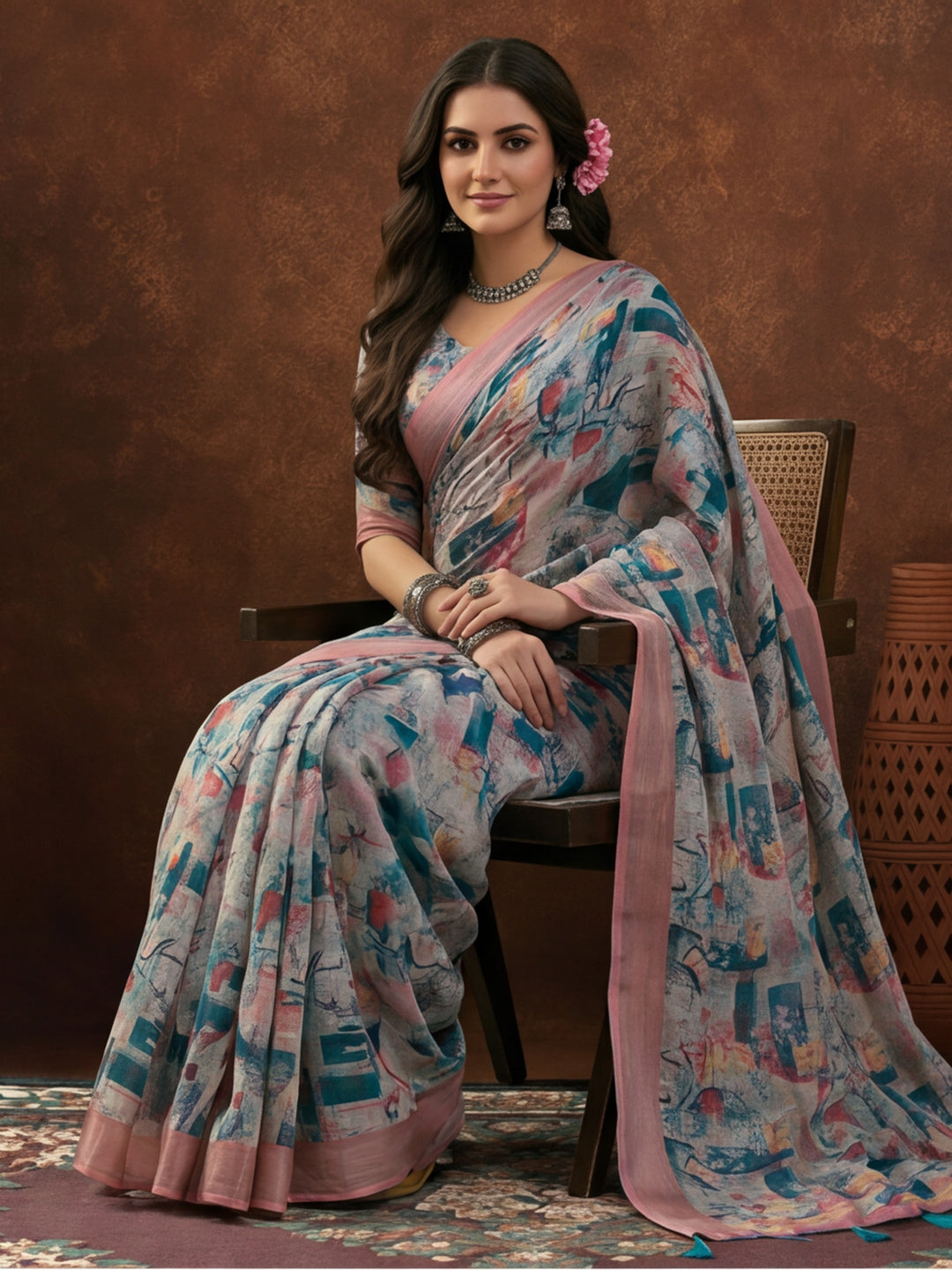 Multicolour Linen Cotton Digital Printed Abstract Saree