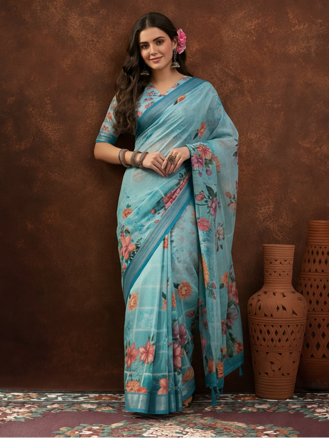 Sky Blue Linen Cotton Digital Printed Floral Saree
