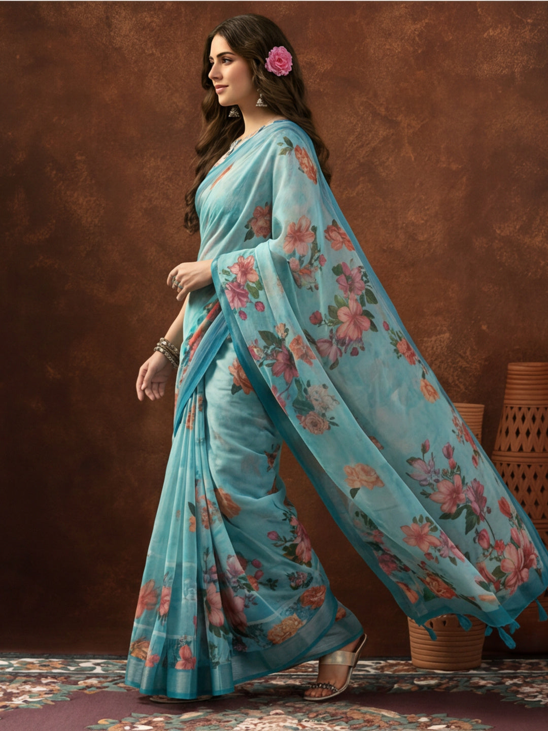 Sky Blue Linen Cotton Digital Printed Floral Saree