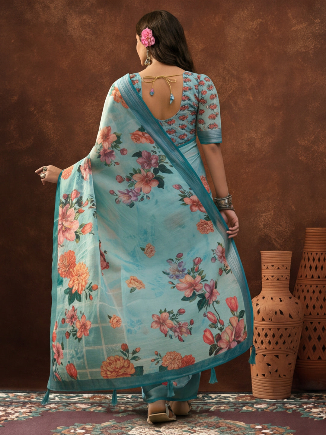 Sky Blue Linen Cotton Digital Printed Floral Saree