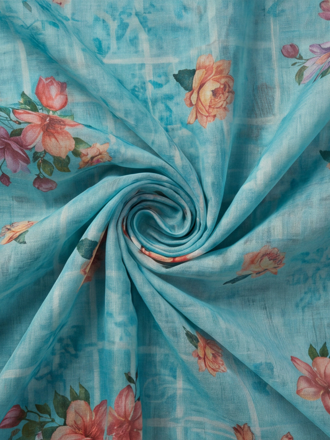Sky Blue Linen Cotton Digital Printed Floral Saree