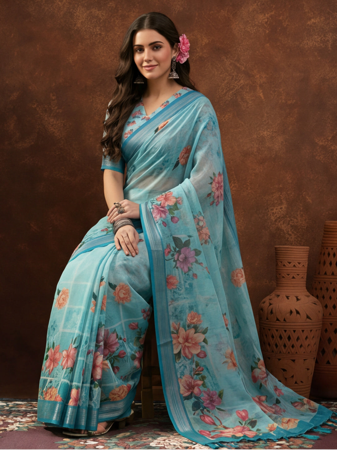 Sky Blue Linen Cotton Digital Printed Floral Saree