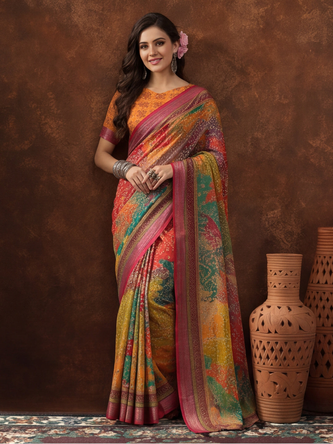 Multicolour Linen Cotton Digital Printed Bandhani Saree