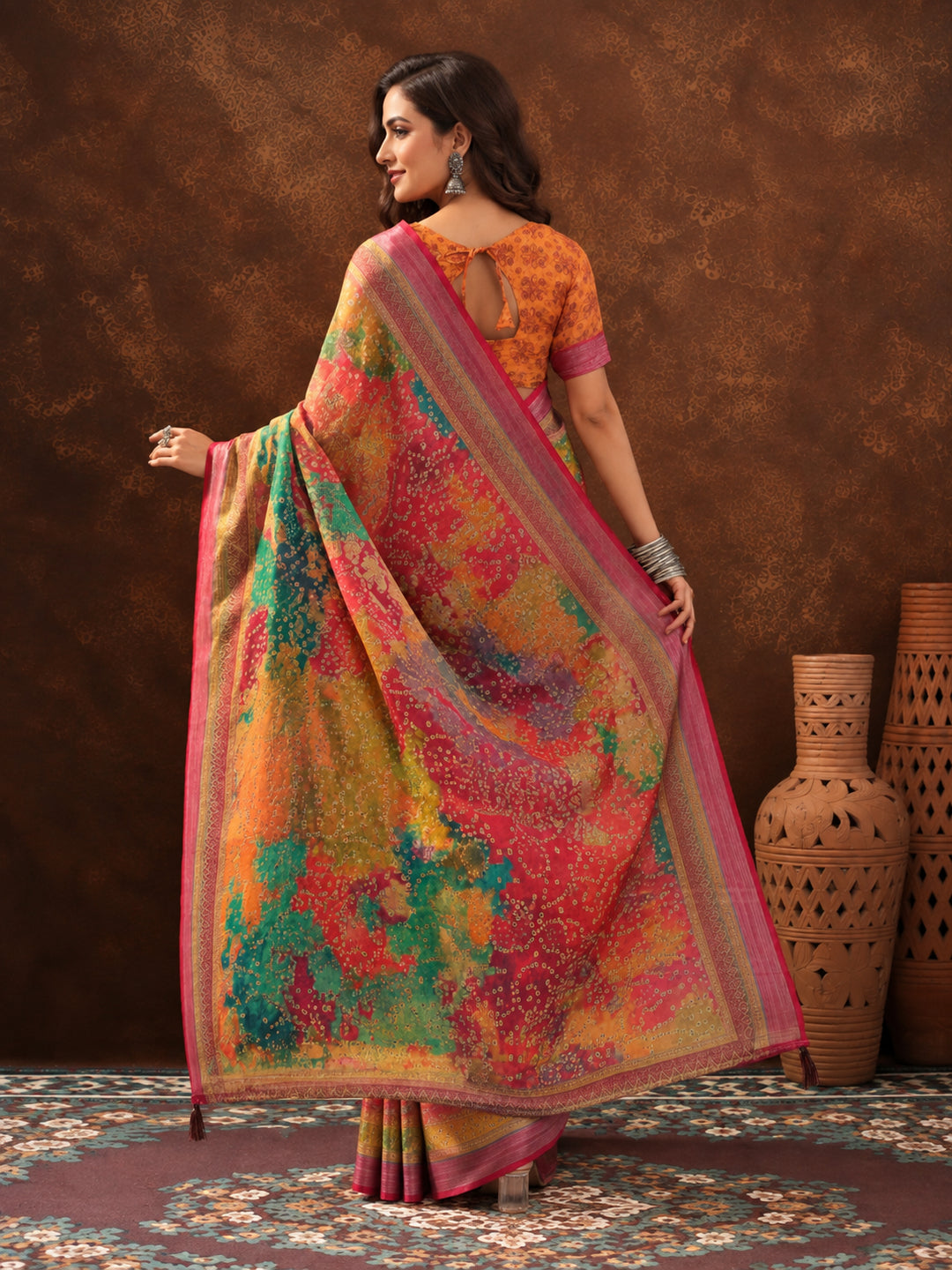 Multicolour Linen Cotton Digital Printed Bandhani Saree