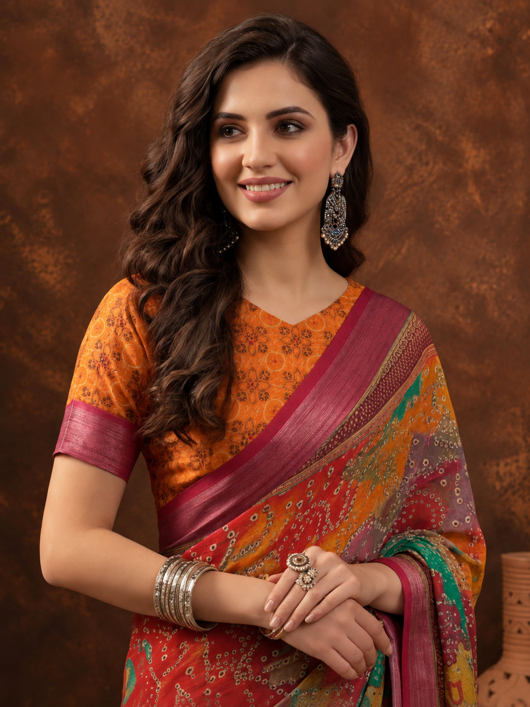Multicolour Linen Cotton Digital Printed Bandhani Saree
