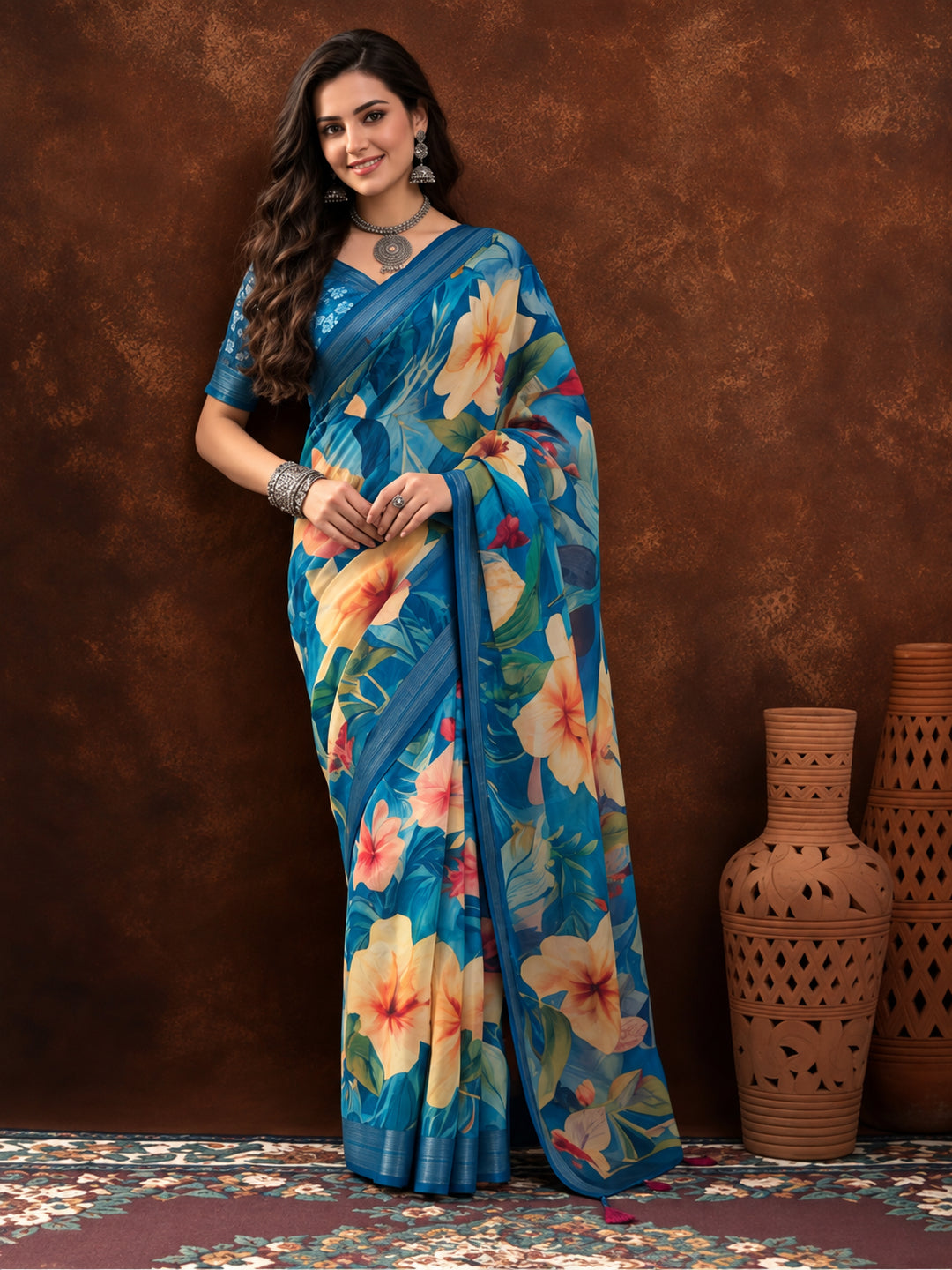 Blue Linen Cotton Digital Printed Floral Saree
