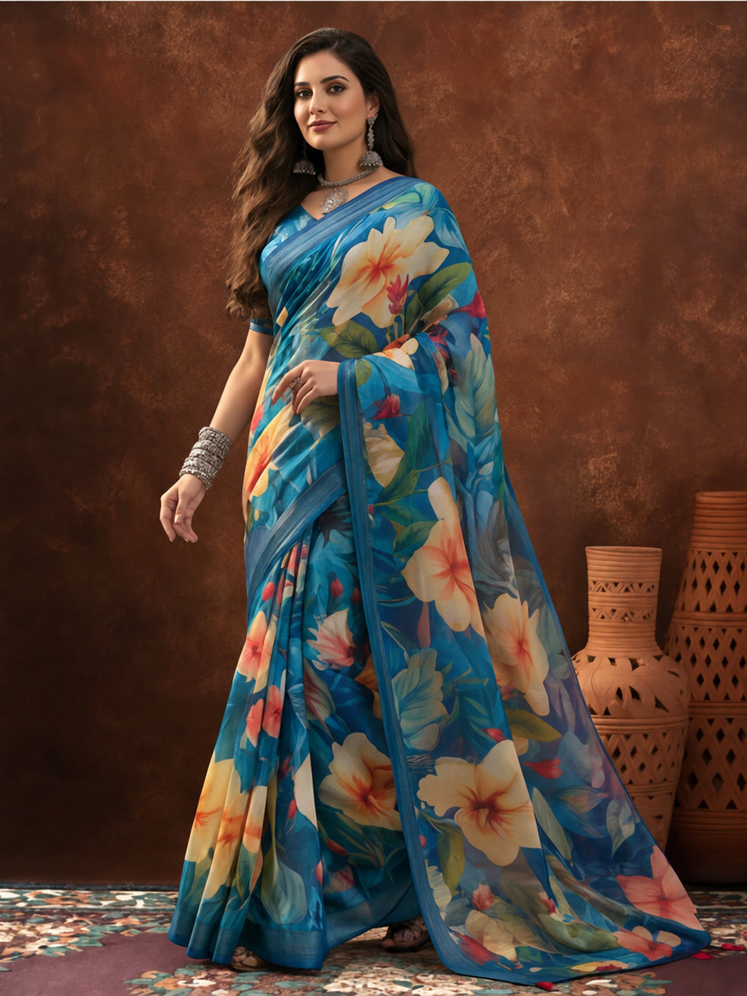 Blue Linen Cotton Digital Printed Floral Saree