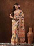 Cream Linen Cotton Digital Printed Leaf Motif Saree
