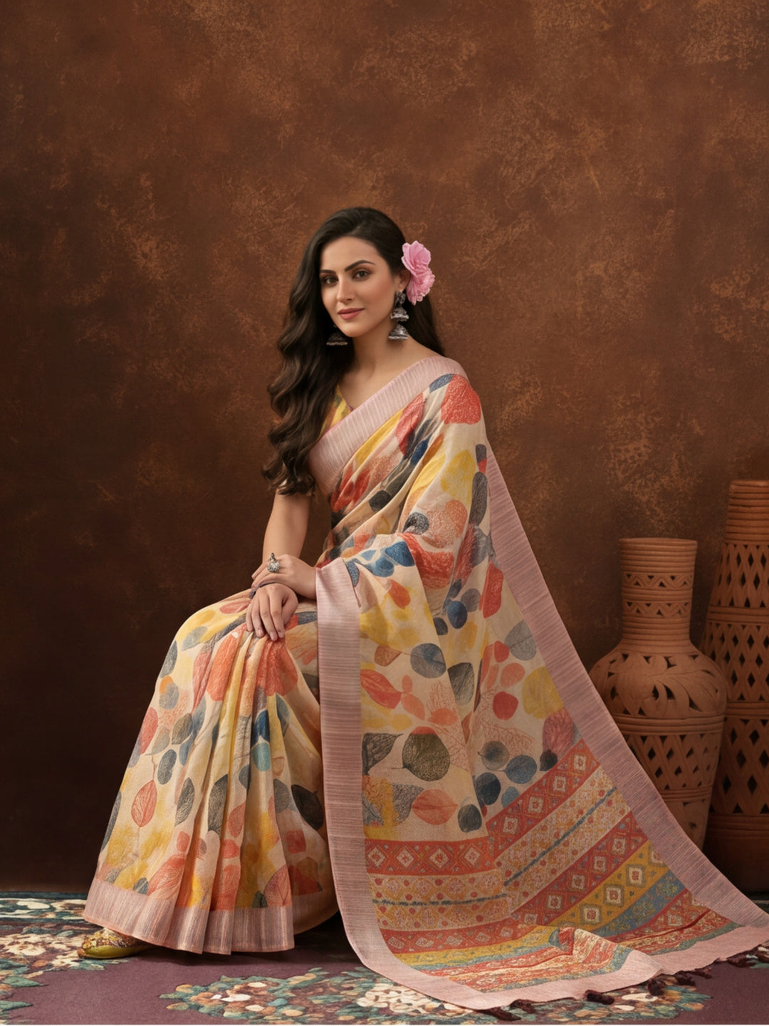 Cream Linen Cotton Digital Printed Leaf Motif Saree