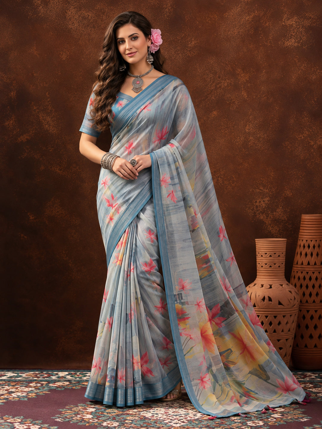 Steel Grey Linen Cotton Digital Printed Floral Saree