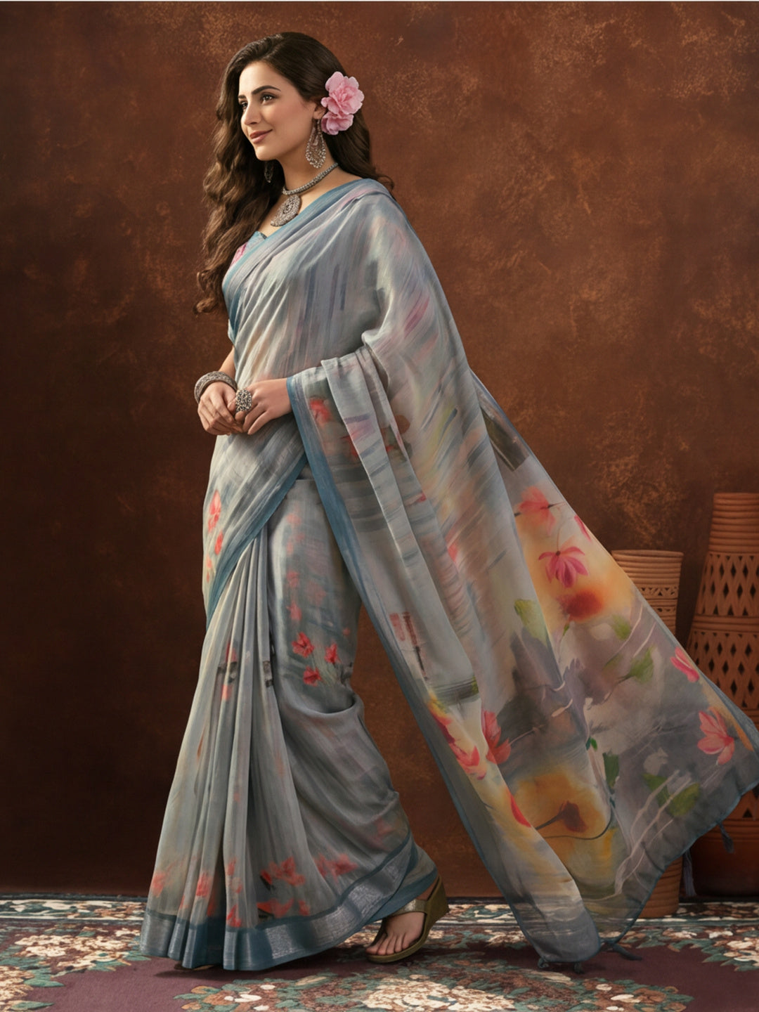 Steel Grey Linen Cotton Digital Printed Floral Saree