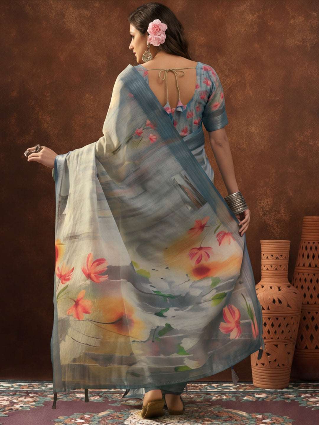 Steel Grey Linen Cotton Digital Printed Floral Saree