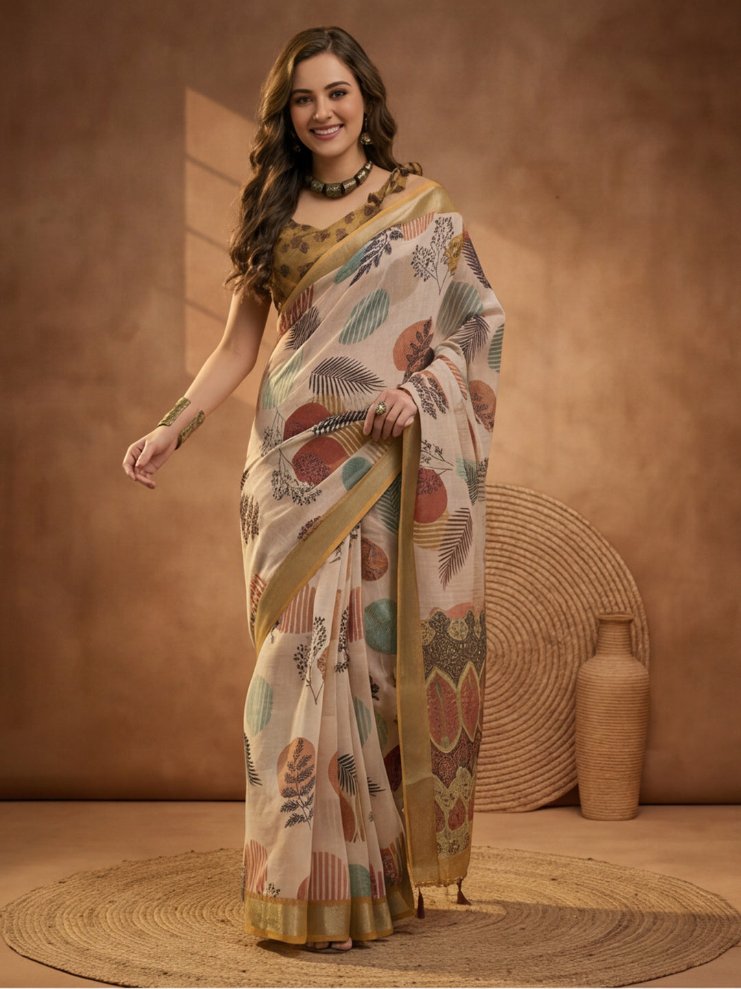 Beige Linen Cotton Digital Printed Leaf Motif Saree