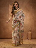 Beige Linen Cotton Digital Printed Leaf Motif Saree