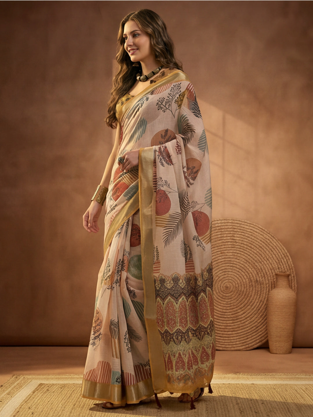 Beige Linen Cotton Digital Printed Leaf Motif Saree