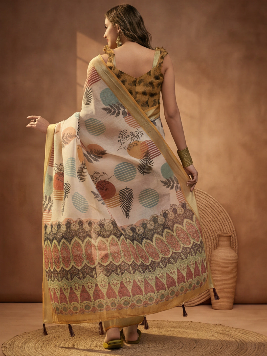 Beige Linen Cotton Digital Printed Leaf Motif Saree