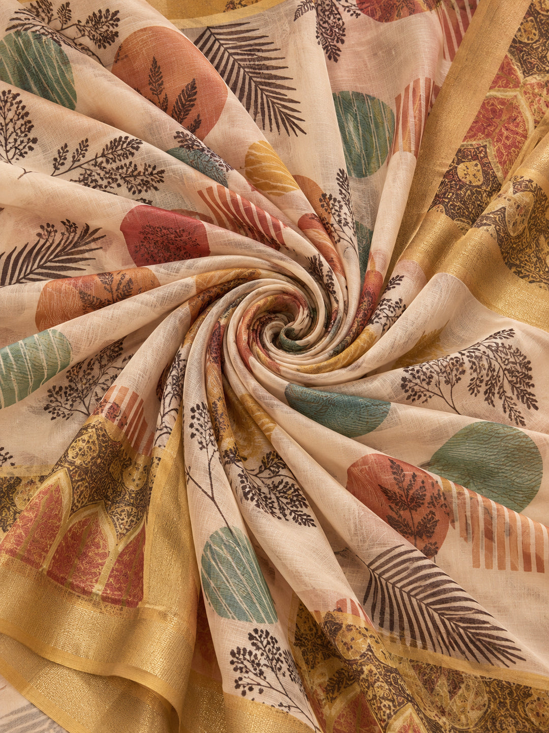 Beige Linen Cotton Digital Printed Leaf Motif Saree