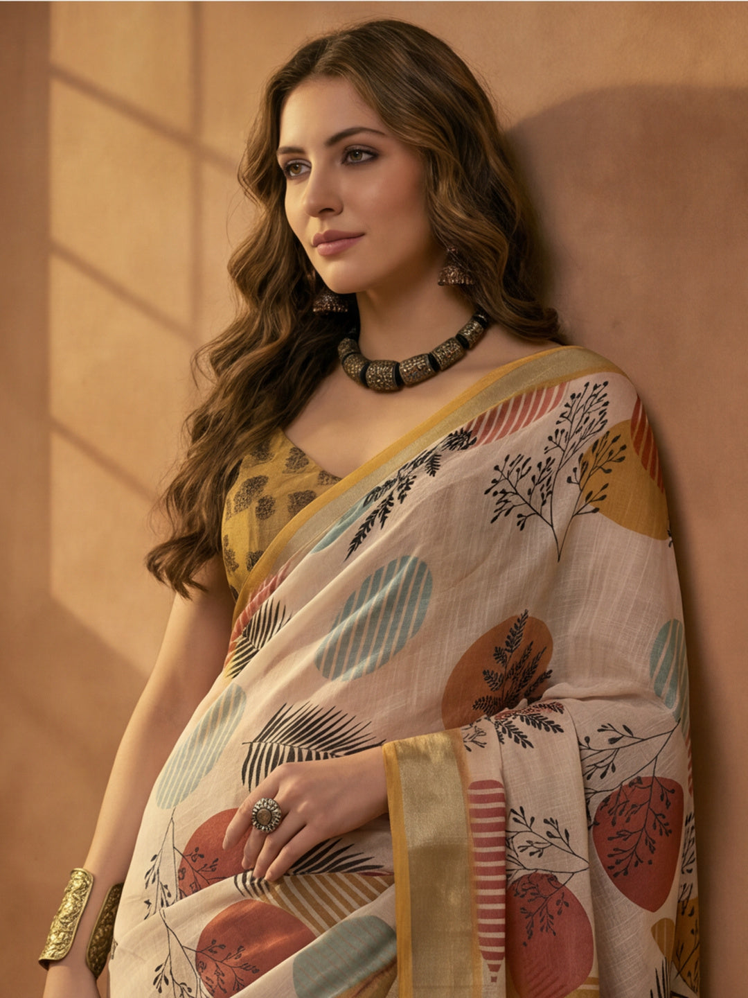 Beige Linen Cotton Digital Printed Leaf Motif Saree