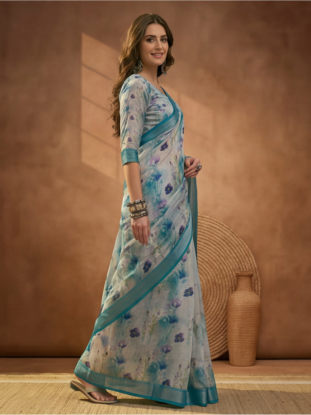 Pastel Blue Linen Cotton Digital Printed Floral Saree