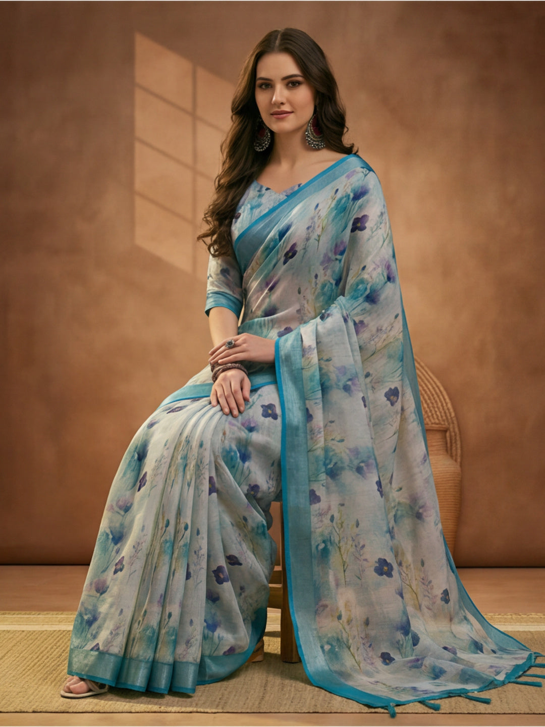 Pastel Blue Linen Cotton Digital Printed Floral Saree