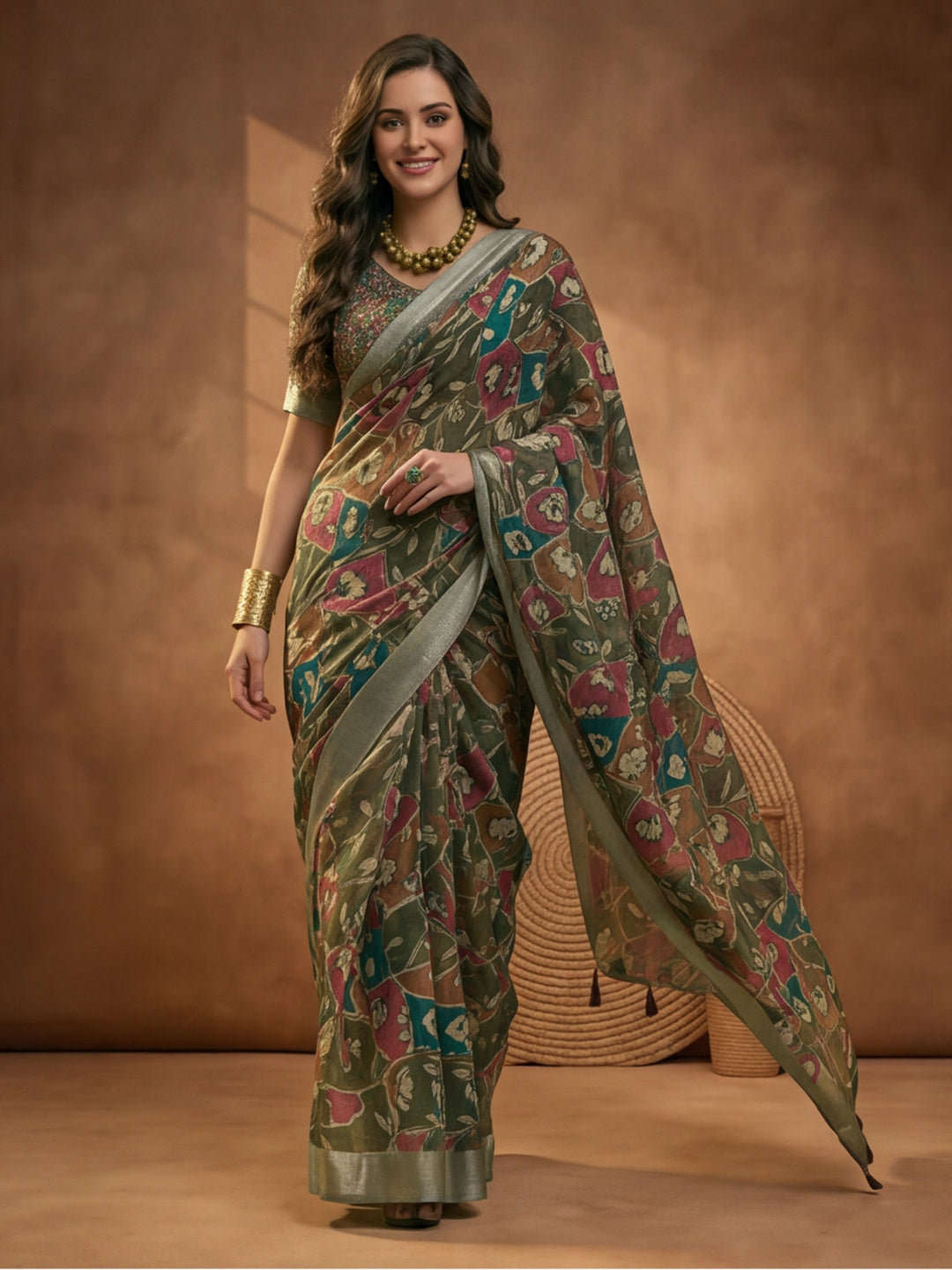 Olive Green Linen Cotton Digital Printed Floral Saree