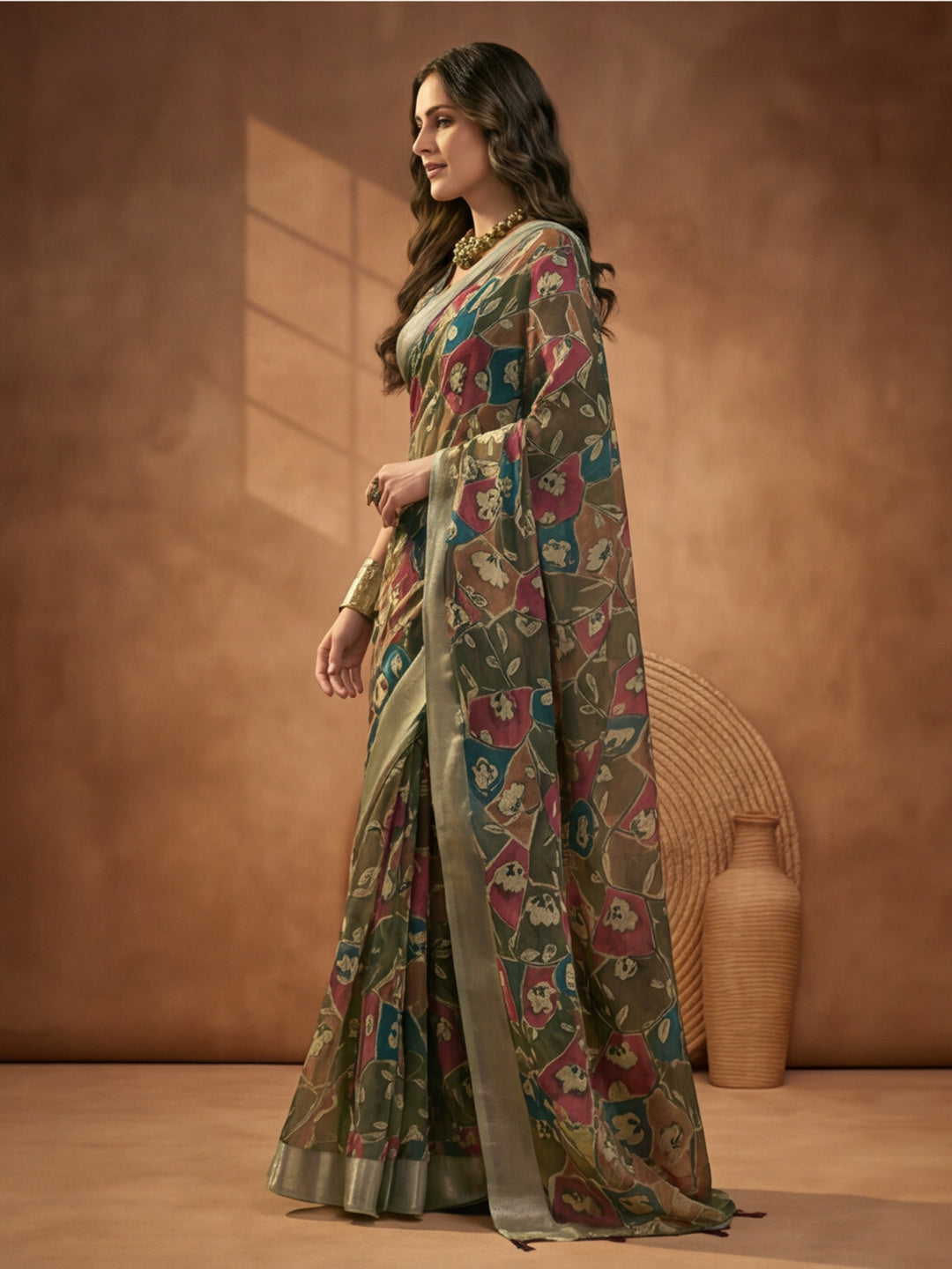 Olive Green Linen Cotton Digital Printed Floral Saree