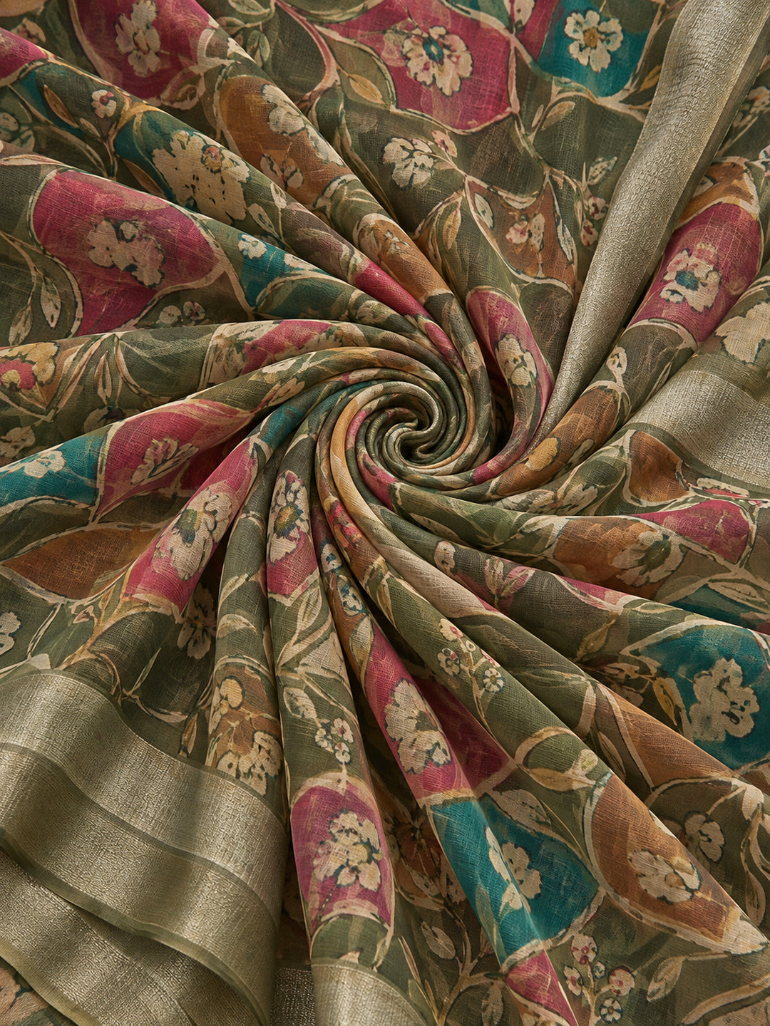 Olive Green Linen Cotton Digital Printed Floral Saree