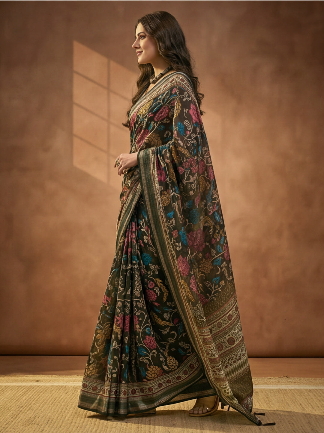 Dark Green Linen Cotton Digital Printed Floral Saree