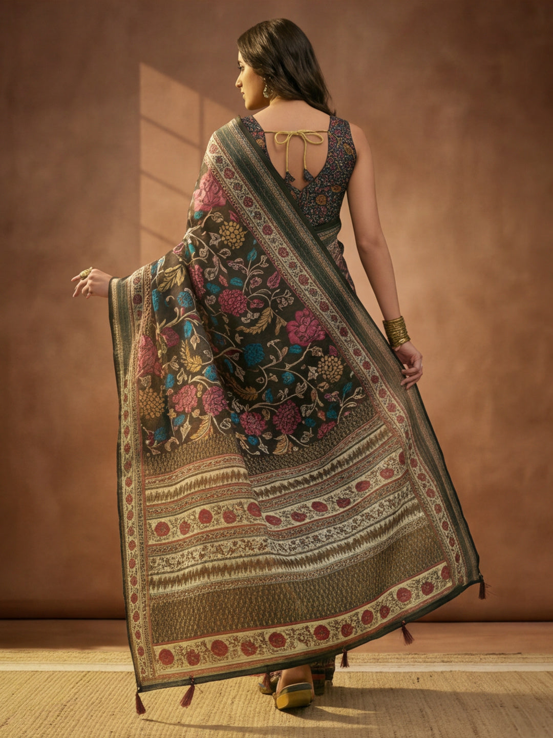 Dark Green Linen Cotton Digital Printed Floral Saree