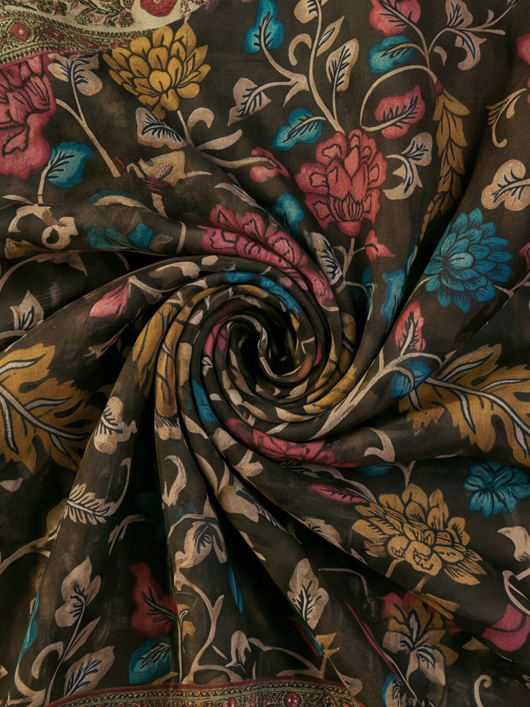 Dark Green Linen Cotton Digital Printed Floral Saree