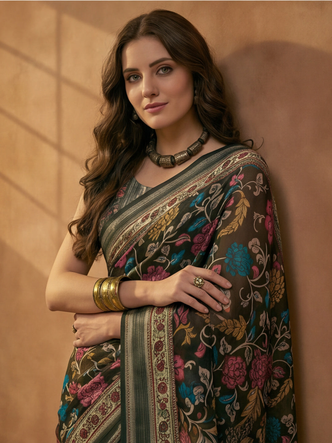 Dark Green Linen Cotton Digital Printed Floral Saree