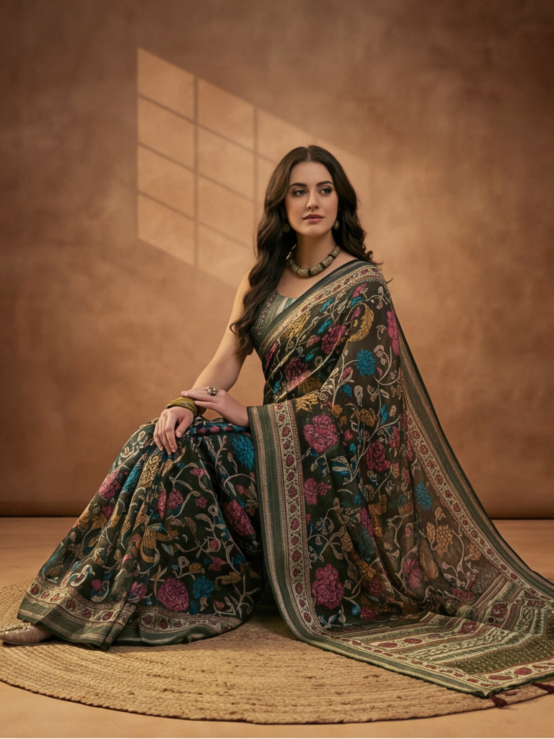 Dark Green Linen Cotton Digital Printed Floral Saree